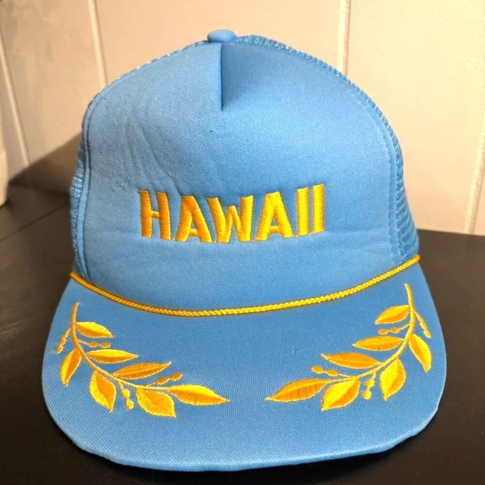 Vintage 90s Hawaii Trucker Hat Blue Gold Mesh Snapback Laurel Rope Cap Vtg Y2K
